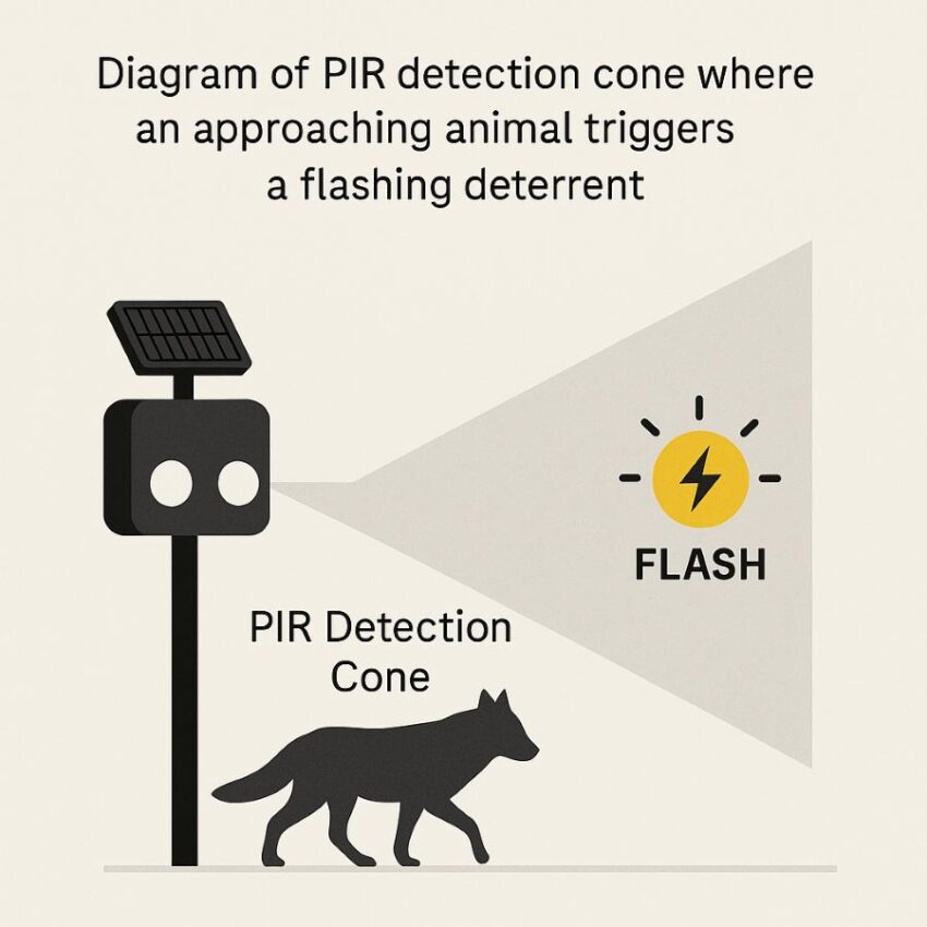 Diagram of PIR detection cone where an approaching animal triggers a flashing deterrent