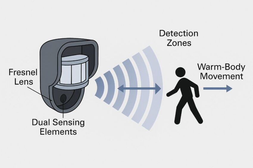 Diagram of PIR motion sensor with Fresnel lens and detection zones used to sense warm-body movement.