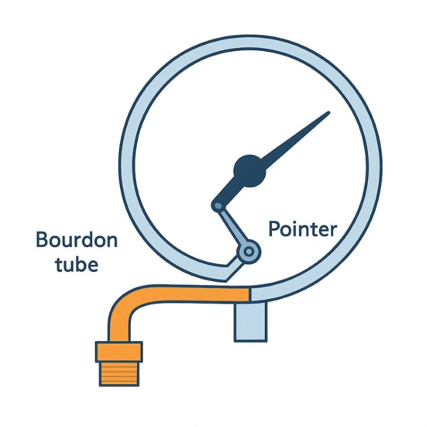 Diagram of a Bourdon tube pressure gauge showing tube, linkage, and pointer.