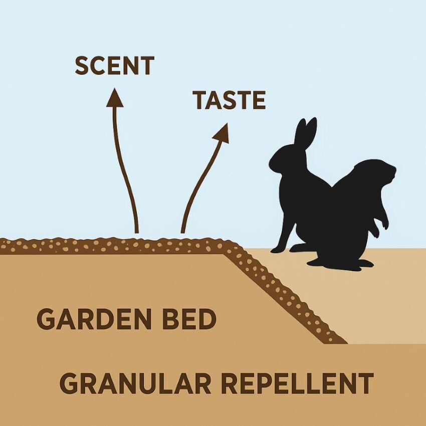 Diagram of a granular perimeter around a bed with scent and taste cue arrows deterring small animals