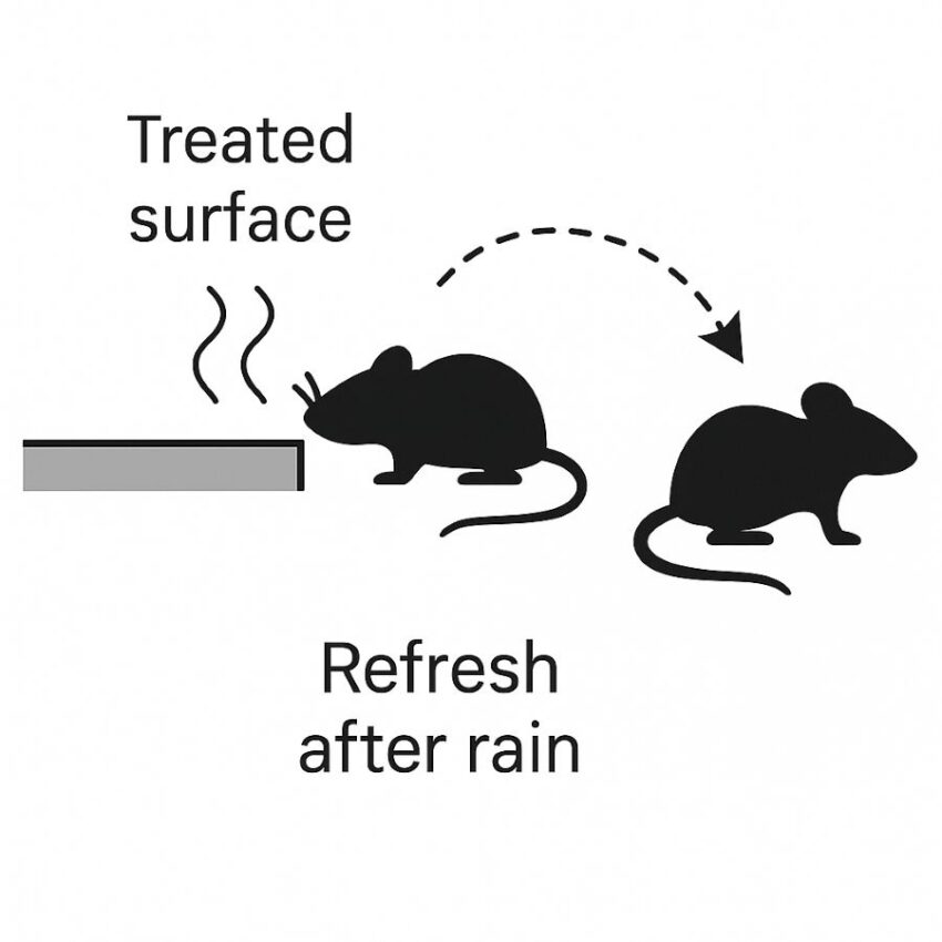 Diagram of a rodent approaching a treated surface then turning away, with a refresh reminder.