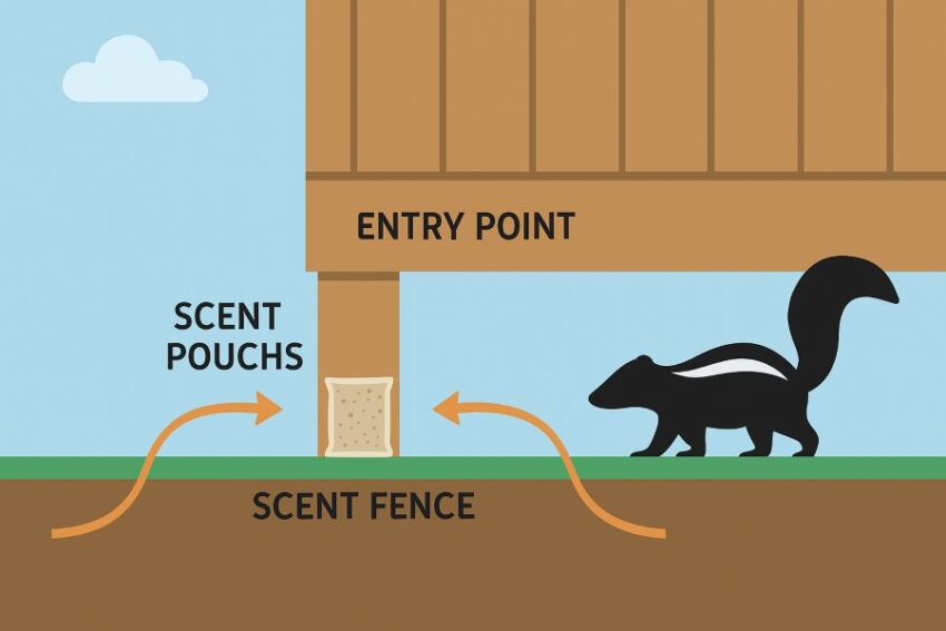 Diagram of a scent fence steering skunks away from a deck entry point.