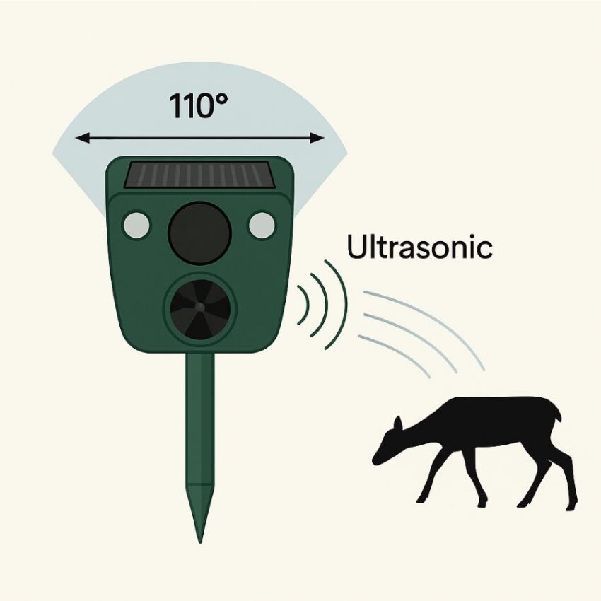 Diagram of a solar animal repeller with a 110-degree PIR detection cone and ultrasonic output toward approaching animals