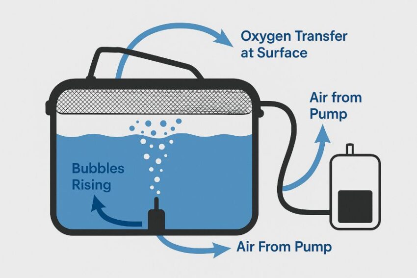 Diagram of aeration in a bait bucket, air from pump to stone, bubbles rising to oxygenate water.