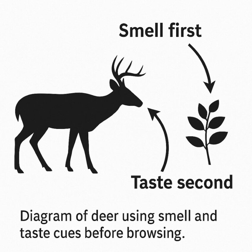 Diagram of deer using smell and taste cues before browsing