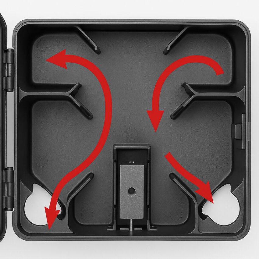 Diagram of rodent entry and interior baffles inside an EVO Express bait station
