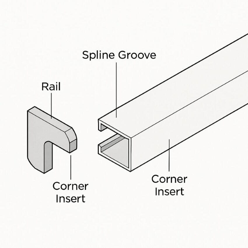 Diagram of screen frame corner showing rail, corner insert, and spline groove