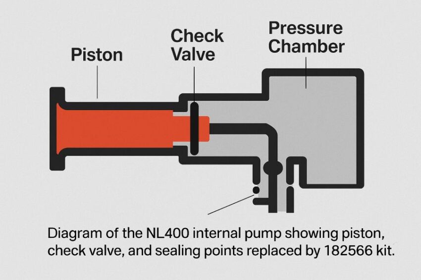 Diagram of the NL400 internal pump showing piston, check valve, and sealing points replaced by the 182656 kit