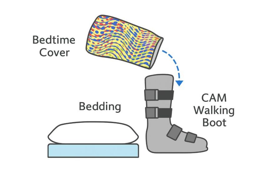 Diagram showing a bedtime cover sliding over a CAM walking boot to shield straps