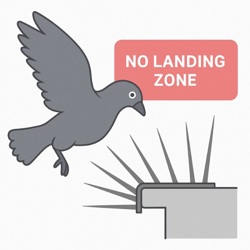 Diagram showing a pigeon unable to land because spikes remove the flat perch