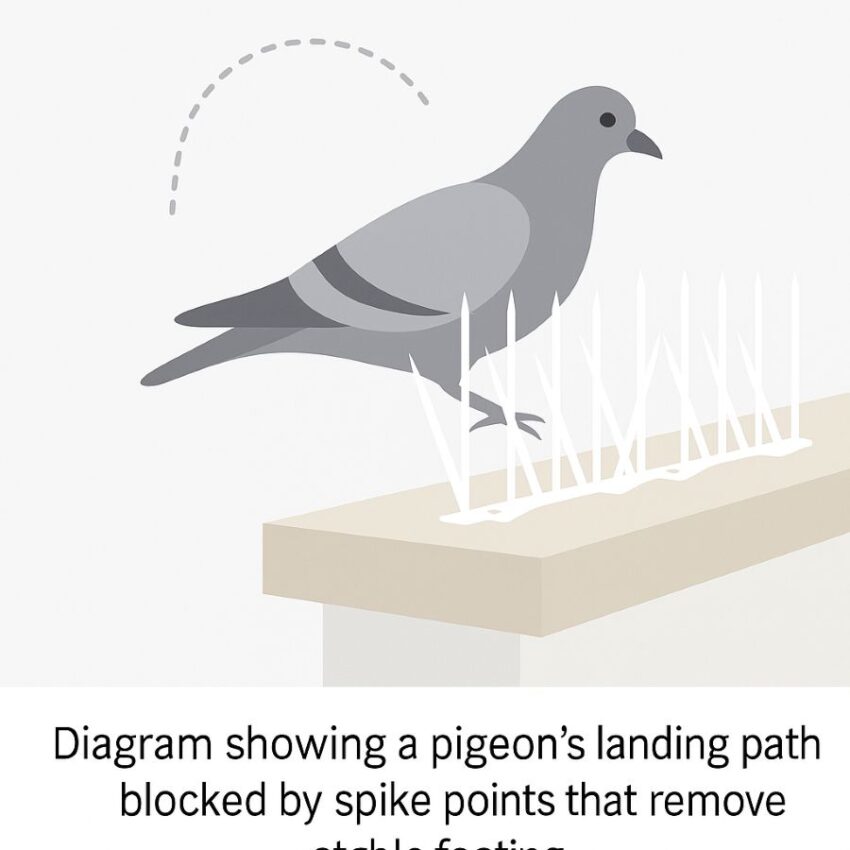 Diagram showing a pigeon’s landing path blocked by spike points that remove stable footing