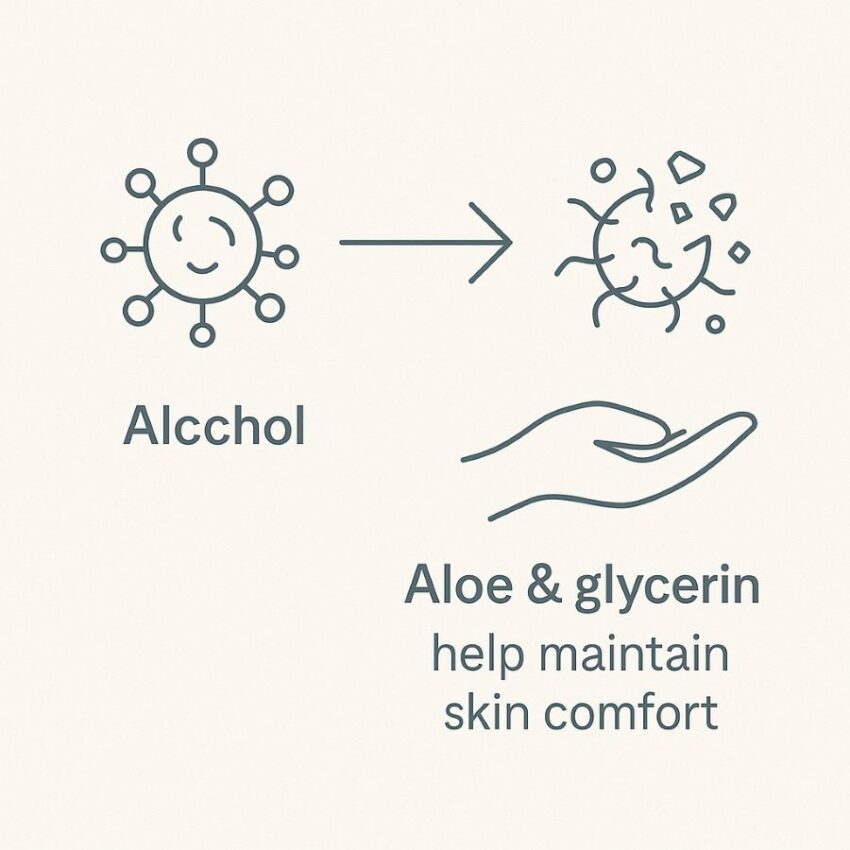 Diagram showing alcohol disrupting germs while aloe and glycerin help maintain skin comfort.