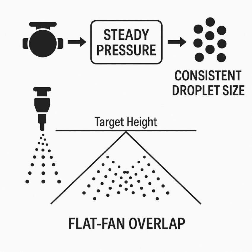 Diagram showing constant pressure maintaining uniform droplet size and flat-fan overlap