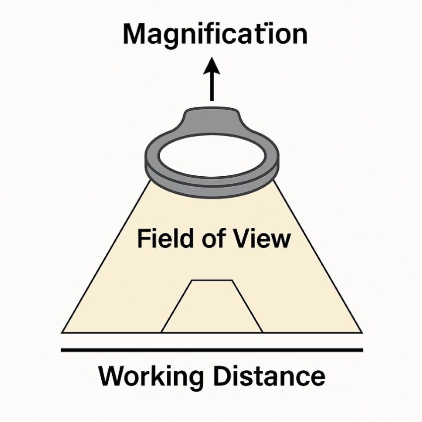 Diagram showing higher magnification gives smaller field of view and shorter working distance