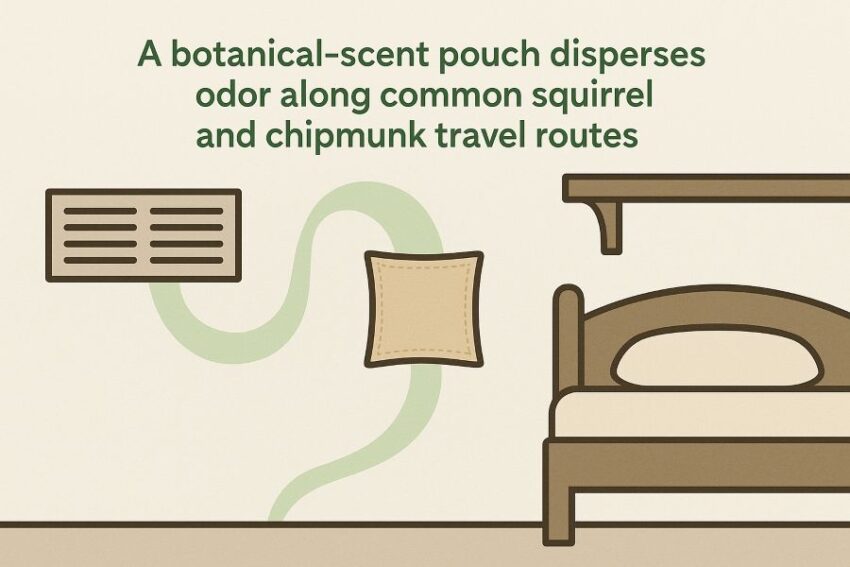 Diagram showing how a botanical-scent pouch disperses odor along common squirrel and chipmunk travel routes