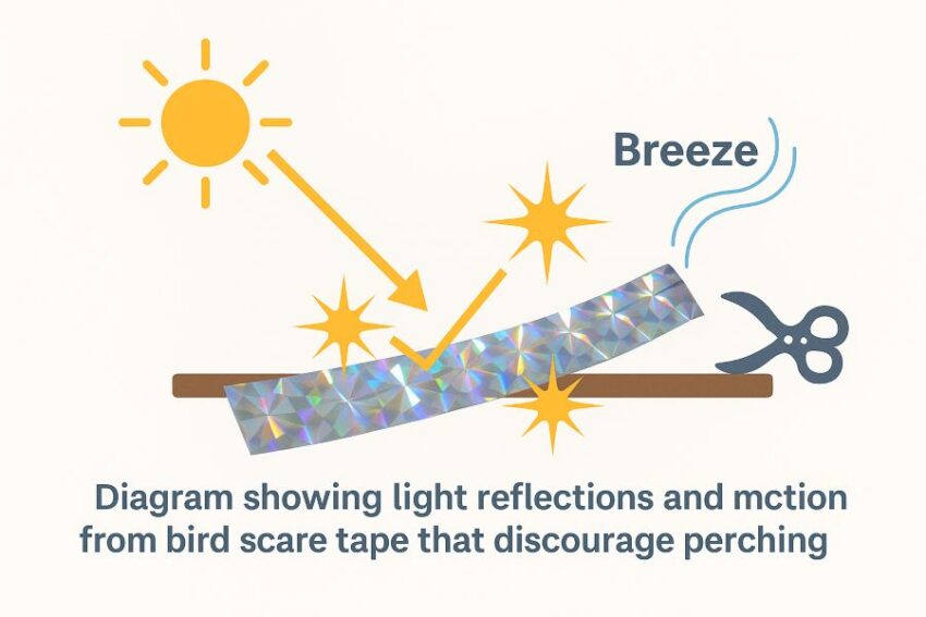 Diagram showing light reflections and motion from bird scare tape that discourage perching