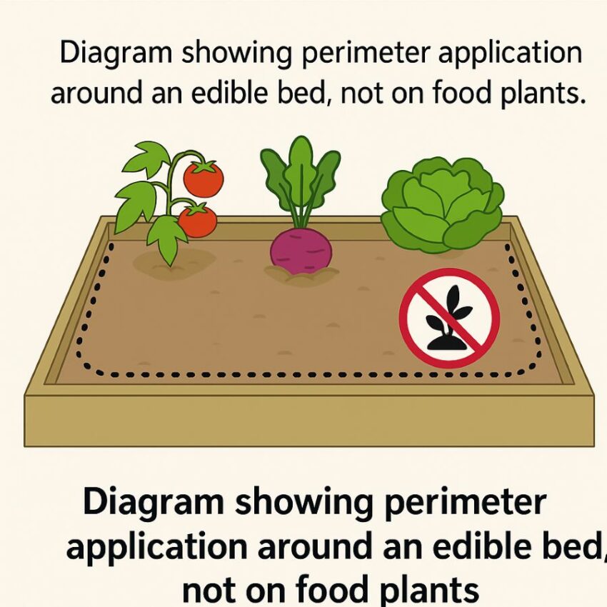 Diagram showing perimeter application around an edible bed, not on food plants.