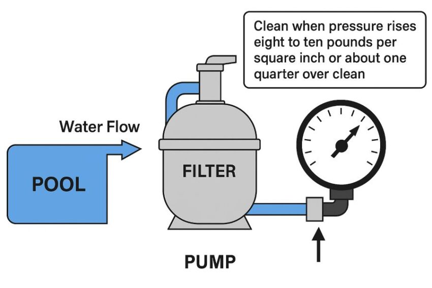 Diagram showing pool water flow through a filter and the pressure gauge needle rising as the filter loads