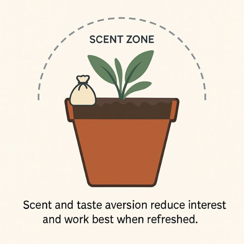 Diagram showing scent zone from a pouch around a planter.