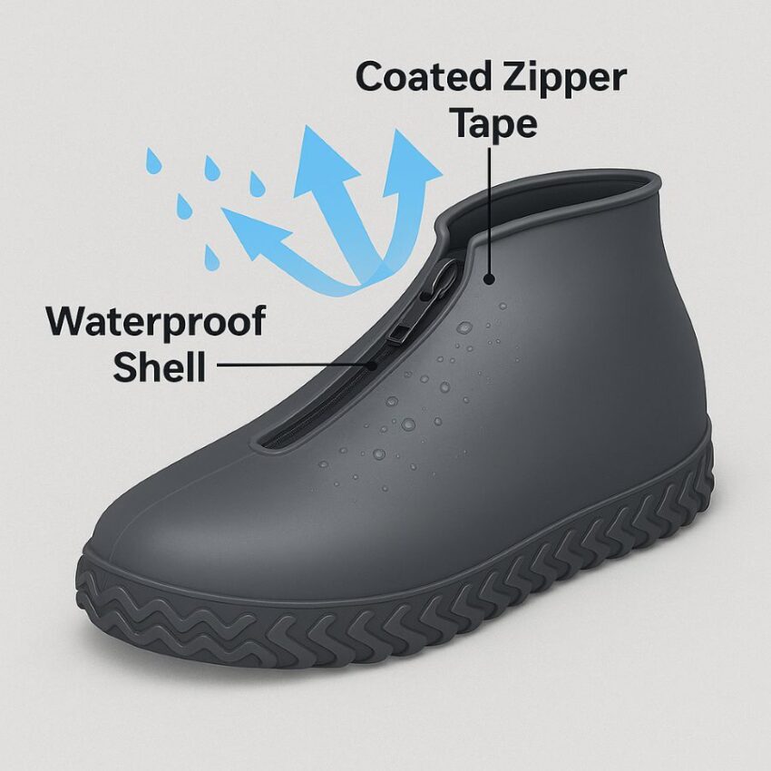 Diagram showing water deflecting off coated zipper tape and waterproof shell on a shoe cover