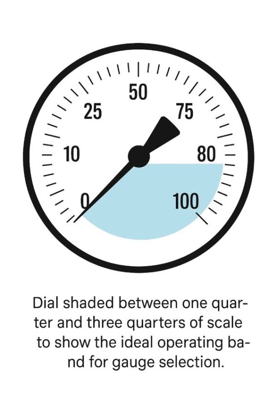 Dial shaded between one quarter and three quarters of scale to show the ideal operating band for gauge selection