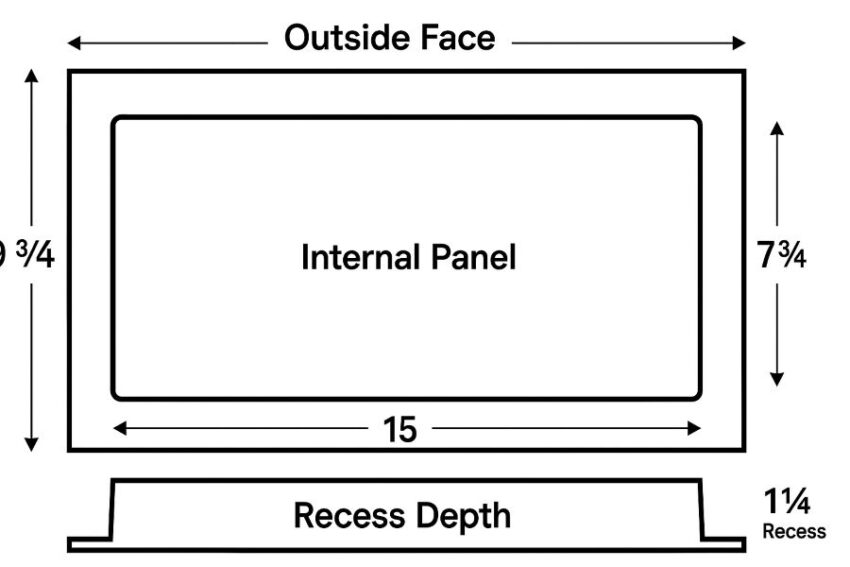 Dimension diagram of recessed vent cover showing outside face, internal panel, and recess depth
