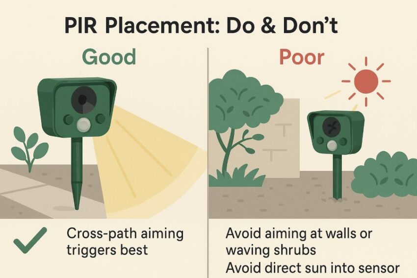 Do and don’t placement card showing cross-path aiming versus aiming into a hedge.