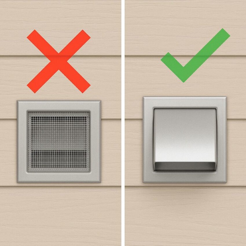 Do not place screens on dryer terminations; use a damper-equipped hood per code