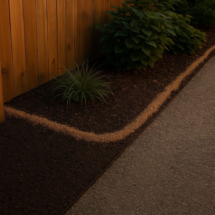 Double perimeter bands along a fence and path to guide animals away from a garden.