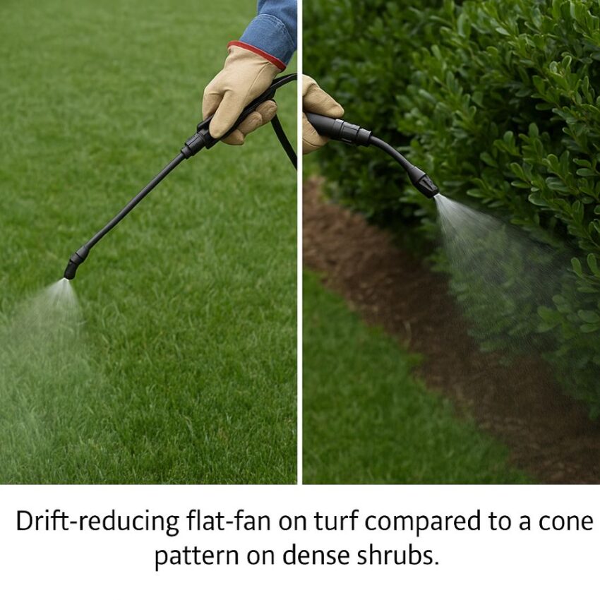 Drift-reducing flat-fan on turf compared to a cone pattern on dense shrubs
