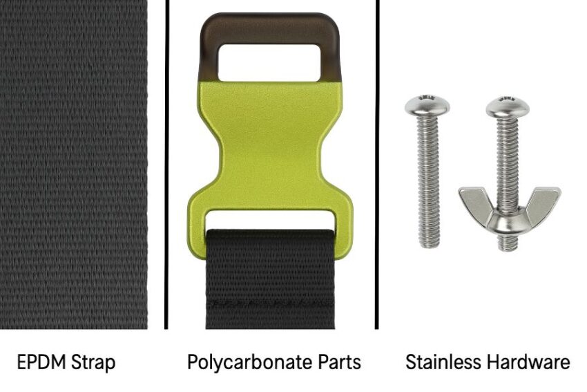 EPDM strap, polycarbonate parts, and stainless hardware