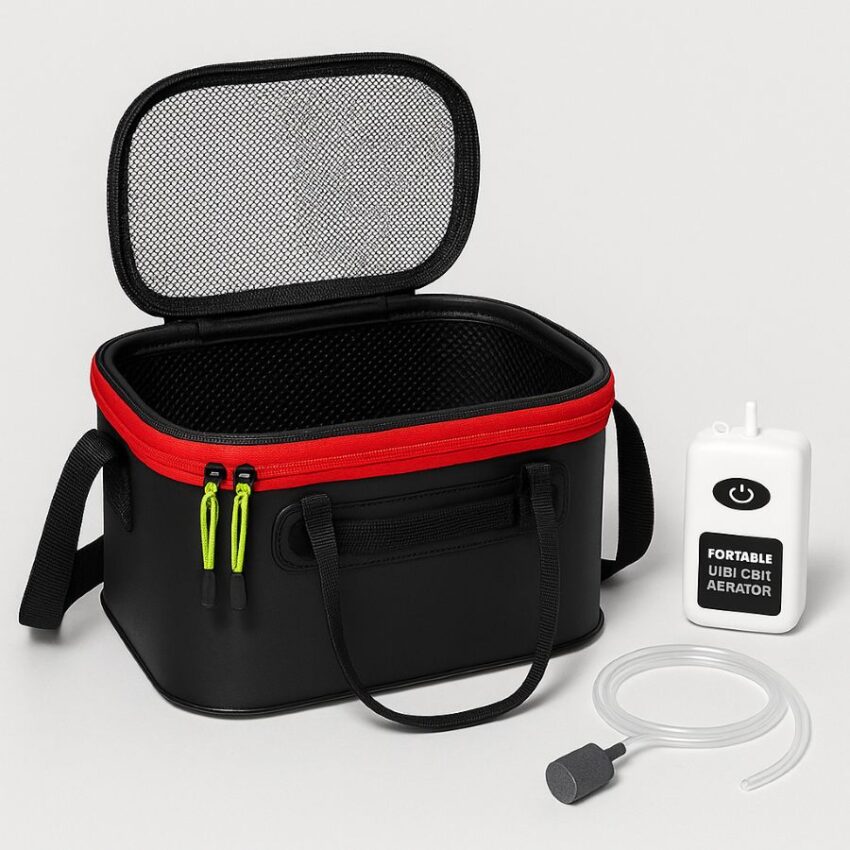 EVA bucket with mesh lid next to portable air pump, airline, and air stone