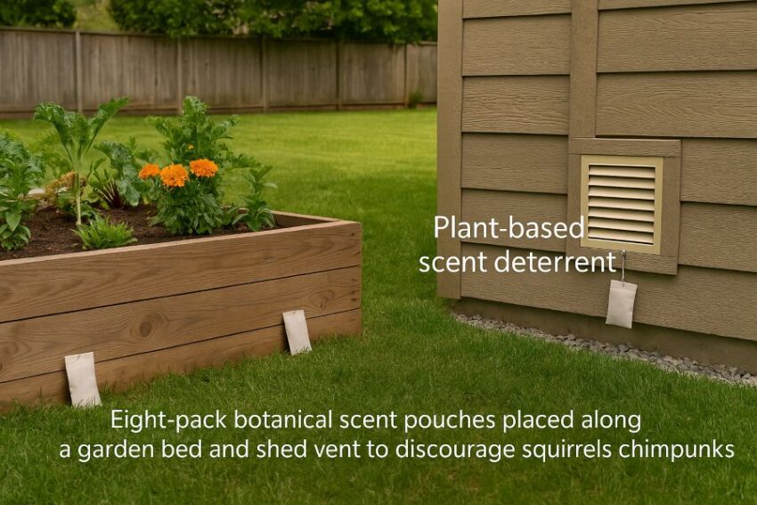 Eight-pack botanical scent pouches placed along a garden bed and shed vent to discourage squirrels and chipmunks