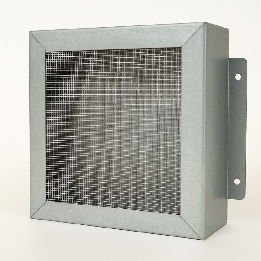 Ember-resistant vent with stainless mesh screen demonstrating non-combustible screening at vent openings.