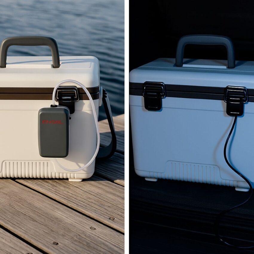 Engel 2X2 aerator on D-cell power during the day and on 12-volt vehicle power overnight.