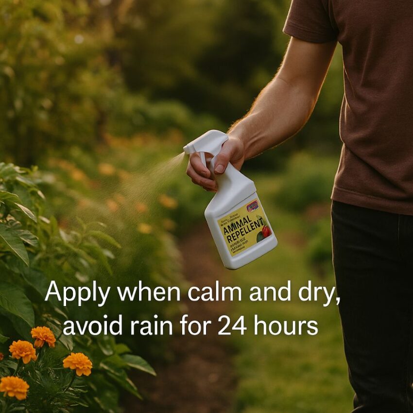 Evening application with note to avoid rain for a day.