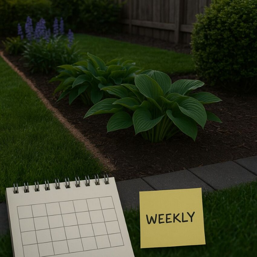Evening garden scene with a refreshed scent band and a simple weekly reminder