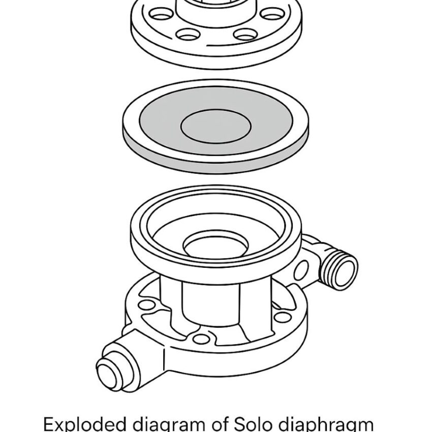 Exploded diagram of Solo diaphragm pump showing Tivilon diaphragm and valve plates