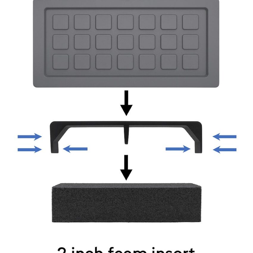 Exploded view of Vanity Vents cover, center-mullion clip, and 2 inch foam insert.