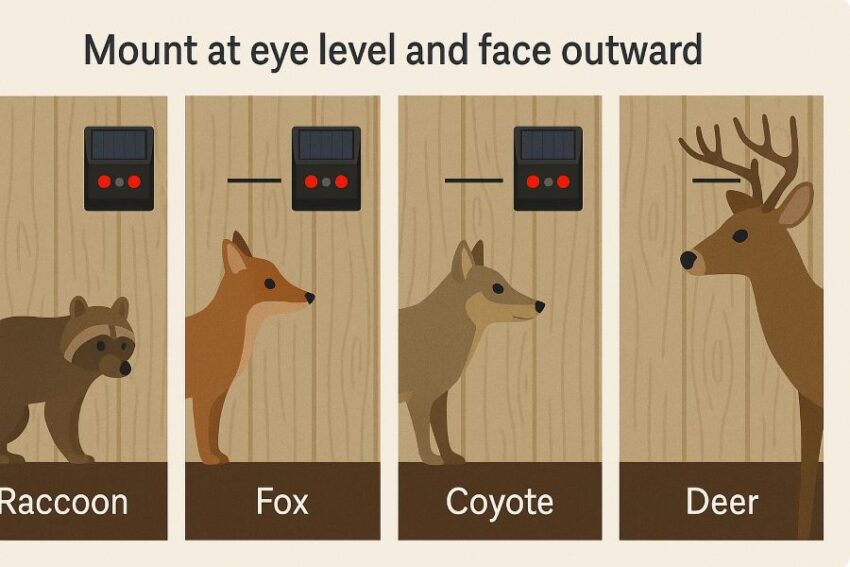 Eye-level mounting examples for raccoon, fox, coyote and deer, all facing outward from the coop
