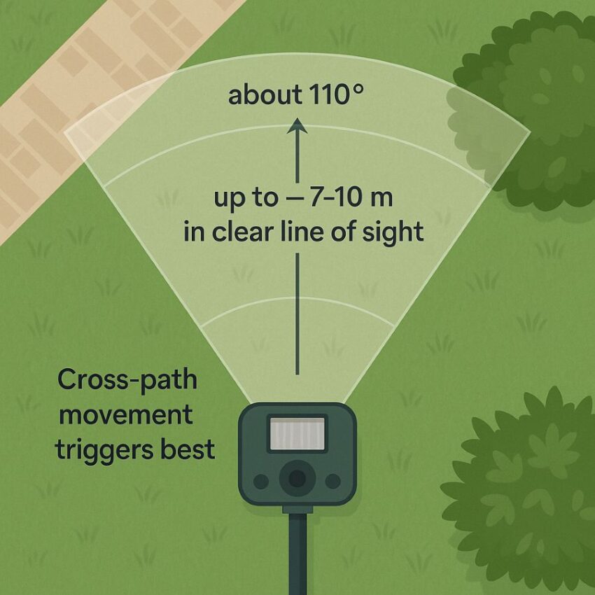 Fan-shaped PIR detection cone showing a roughly 110 degree arc and several meter reach in front of the unit