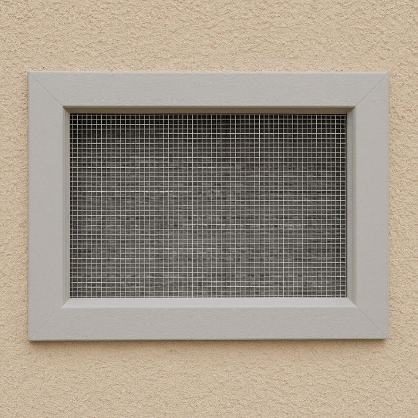 Finished exterior vent retrofit with stainless mesh for ember screening and ventilation.