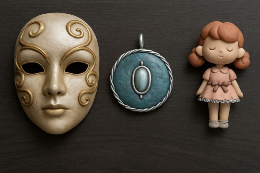 Finished polymer-clay mask, pendant, and maquette made over aluminum mesh armatures