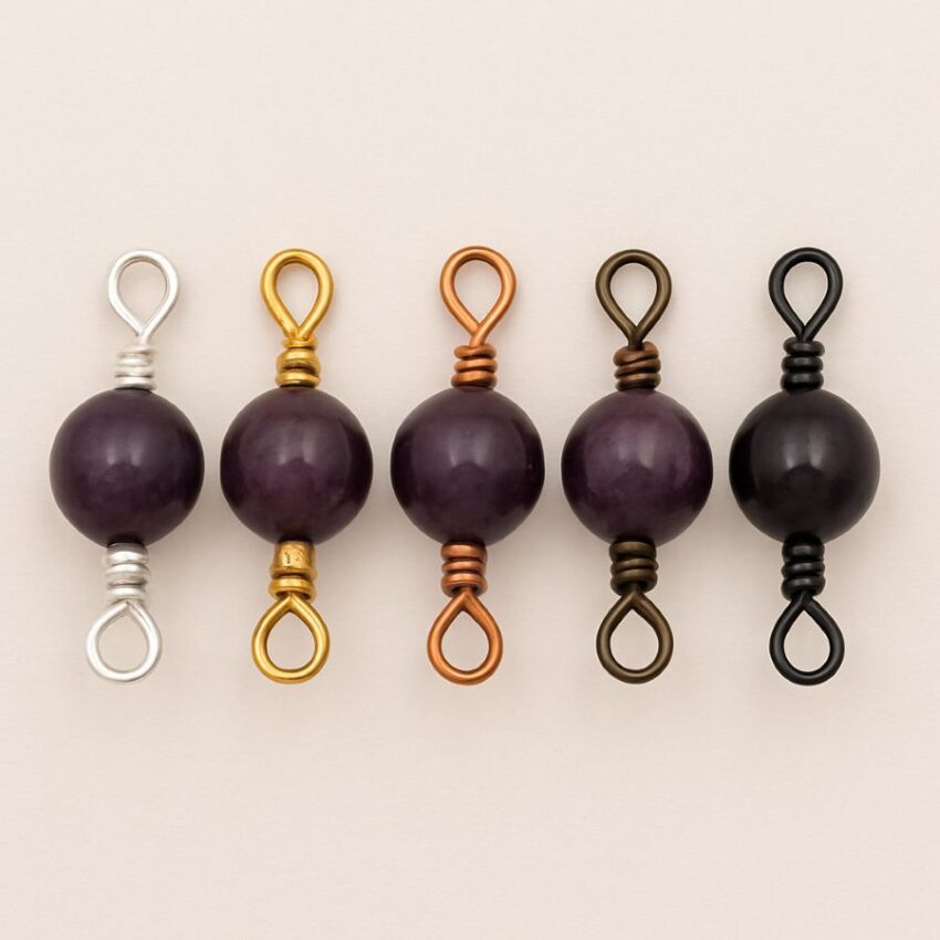 Five identical bead links made with different wire colors to demonstrate finish options
