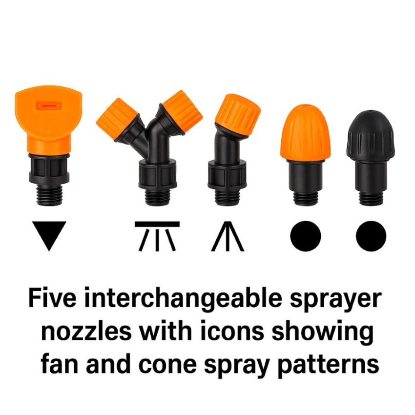 Five interchangeable sprayer nozzles with icons showing fan and cone spray patterns