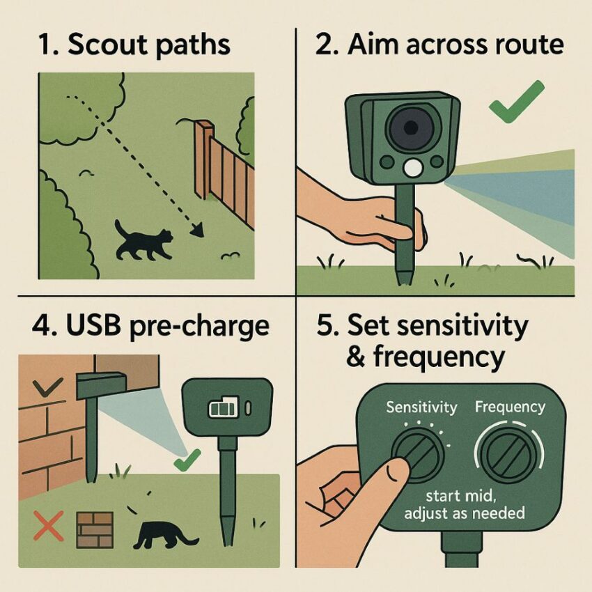 Five-step collage showing scouting paths, setting height, aiming across the route, USB charging, and dial setting