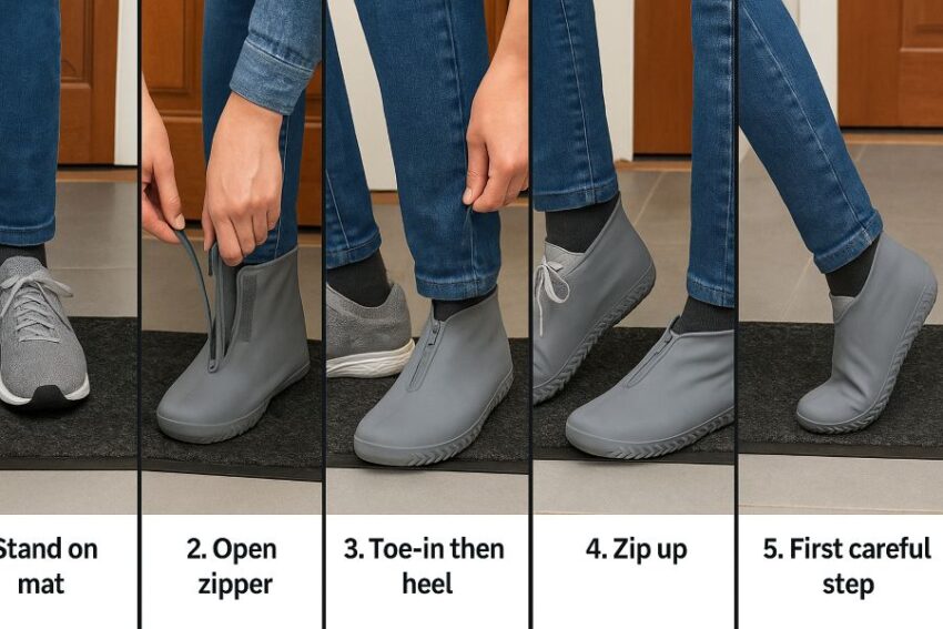 Five-step photo sequence showing how to put on zippered rain shoe covers at an entry mat