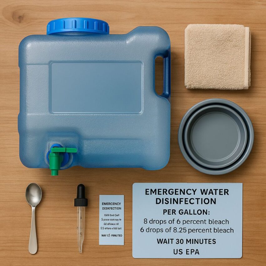 Flat-lay of a water-readiness kit, spigot jug, dropper, measuring spoon, EPA card, and small wash basin.