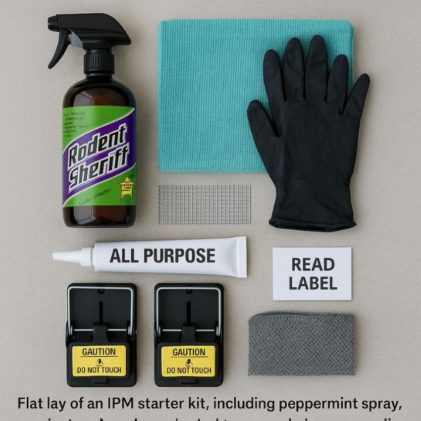 Flat lay of an IPM starter kit, including peppermint spray, sealant and mesh, protected traps, and cleanup supplies.