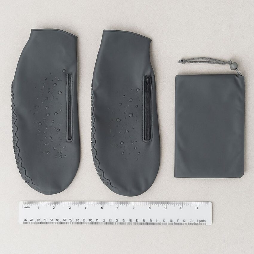 Flat lay of two waterproof zippered shoe covers, a carry pouch, and a ruler showing compact fold size.